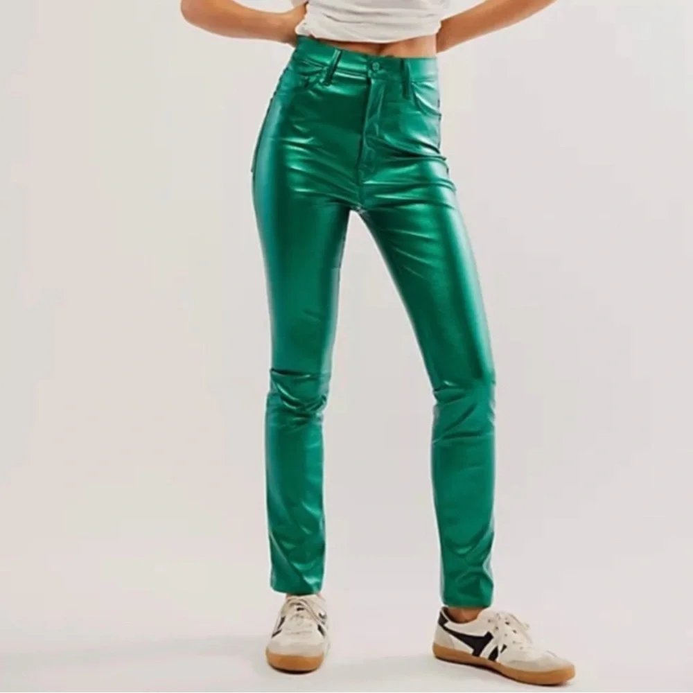 NWT MOTHER Rails Skimp High-waisted Shiny Green Faux Leather Pants - sz 30 -$228 - Picture 3 of 8